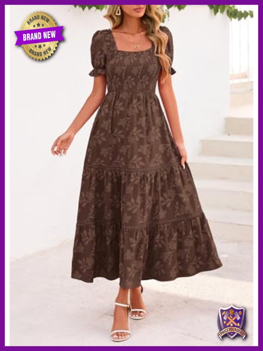 Boho Floral Maxi Dress Square Neck Smocked Ruffle A-Line Wedding Guest - Picture 2 of 6